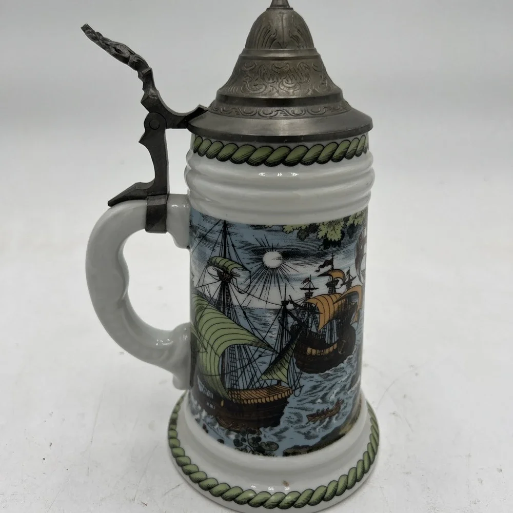 VNTG Cerami Beer Stein Tankard Pewter Lid Sailing Ship Historical Explorer Theme